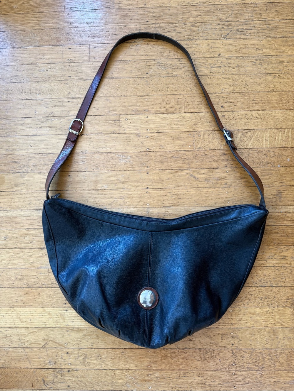Black Leather Crescent Hobo with Brown Adjustable Strap
